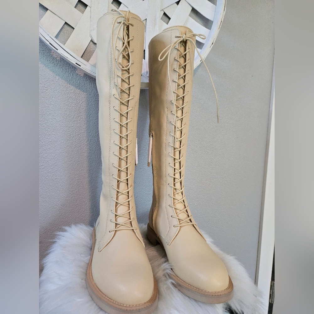 Sam Edelman Nance Elegant Beige Knee-High Lace-Up Boots In Eggshell - Picture 3 of 13